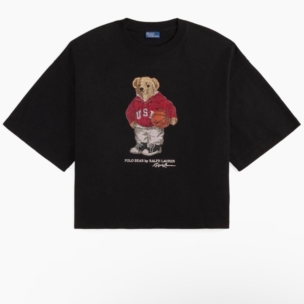 Ralph Lauren Black Tee with Bear and Basketball Graphic